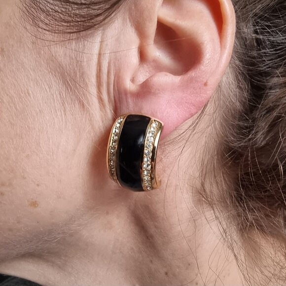 Vintage Christian Dior 1990s Black & Gold Clip-On Earrings With Rhinestone